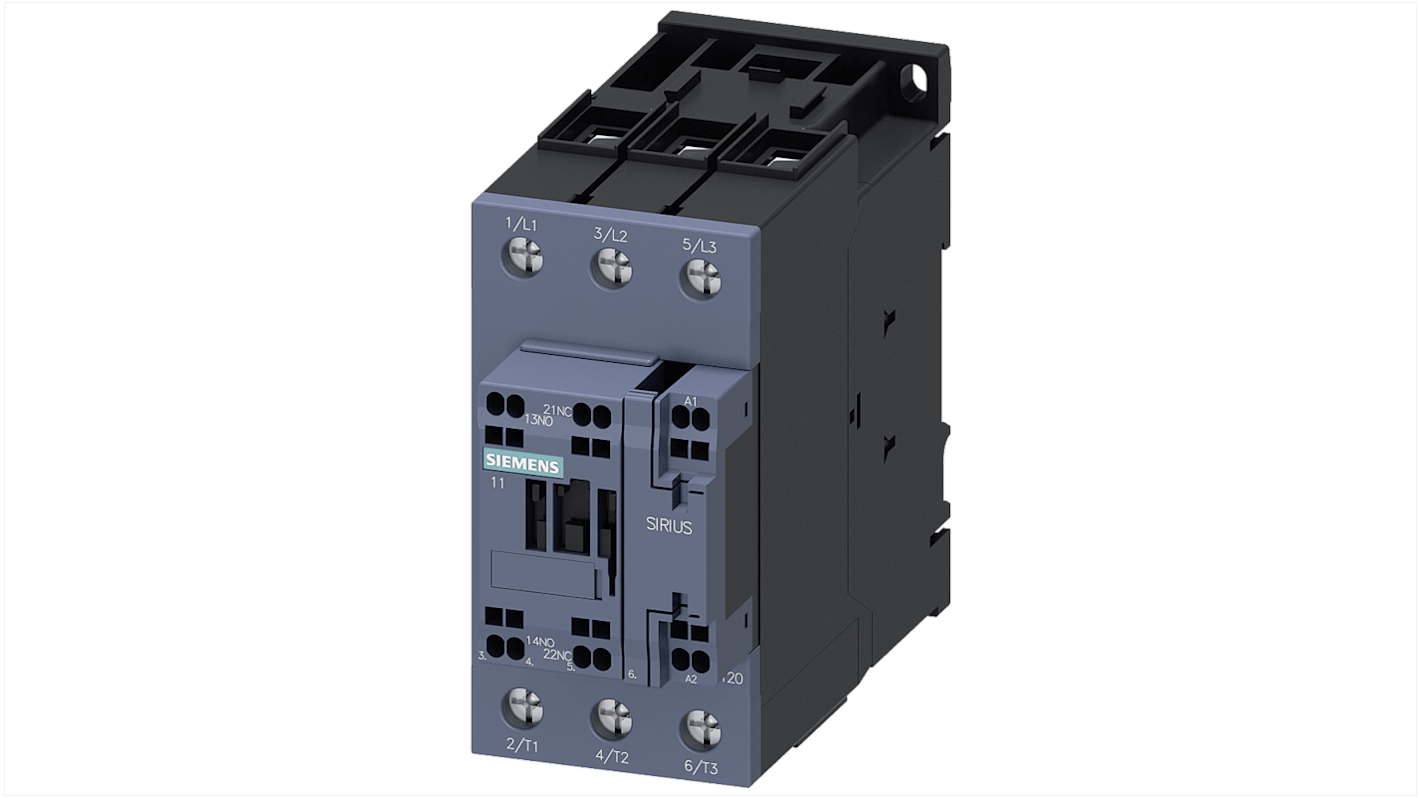 Contattore Siemens 3RT2035-3AC20, 3 poli, 1 NO + 1 NC, 40 A, bobina 24 V c.a., montaggio a vite, grado di protezione IP20.