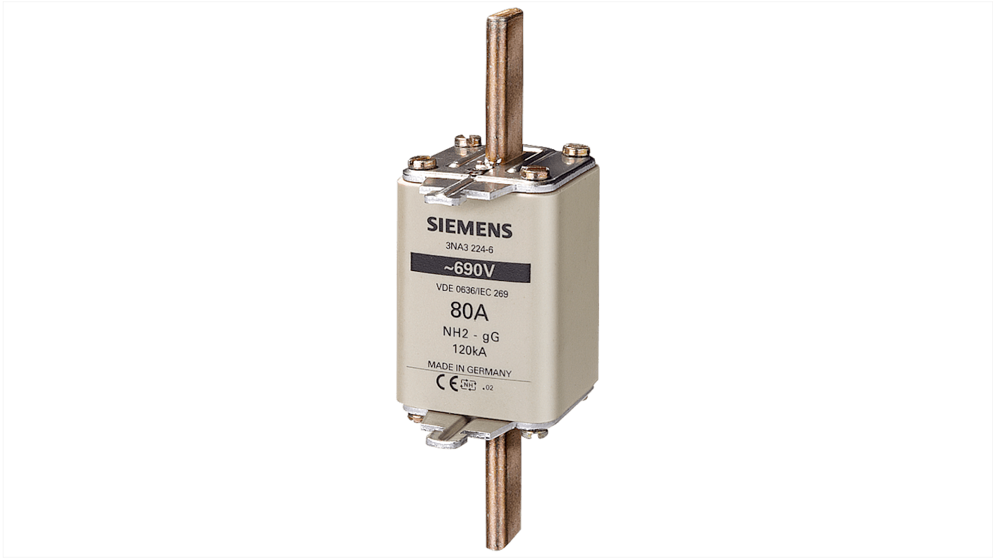 Fusibile NH2 Siemens 3NA3224-6, 80A, 690V, con linguette centrate e indicatore frontale, per applicazioni industriali.