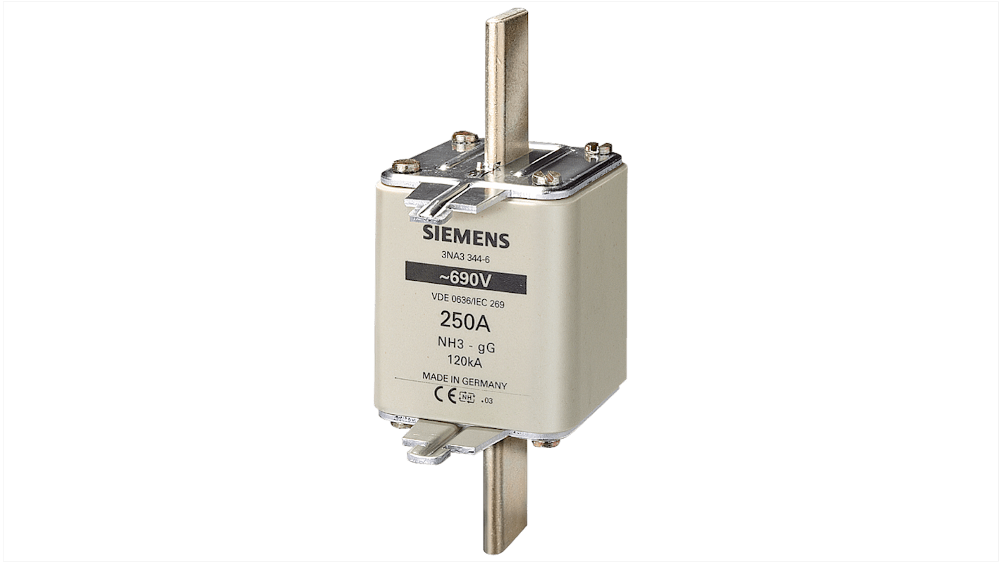 Fusibile NH3 Siemens 3NA3365-6, 500A, 690V, con linguette centrate e indicatore frontale, capacità di interruzione 120kA.