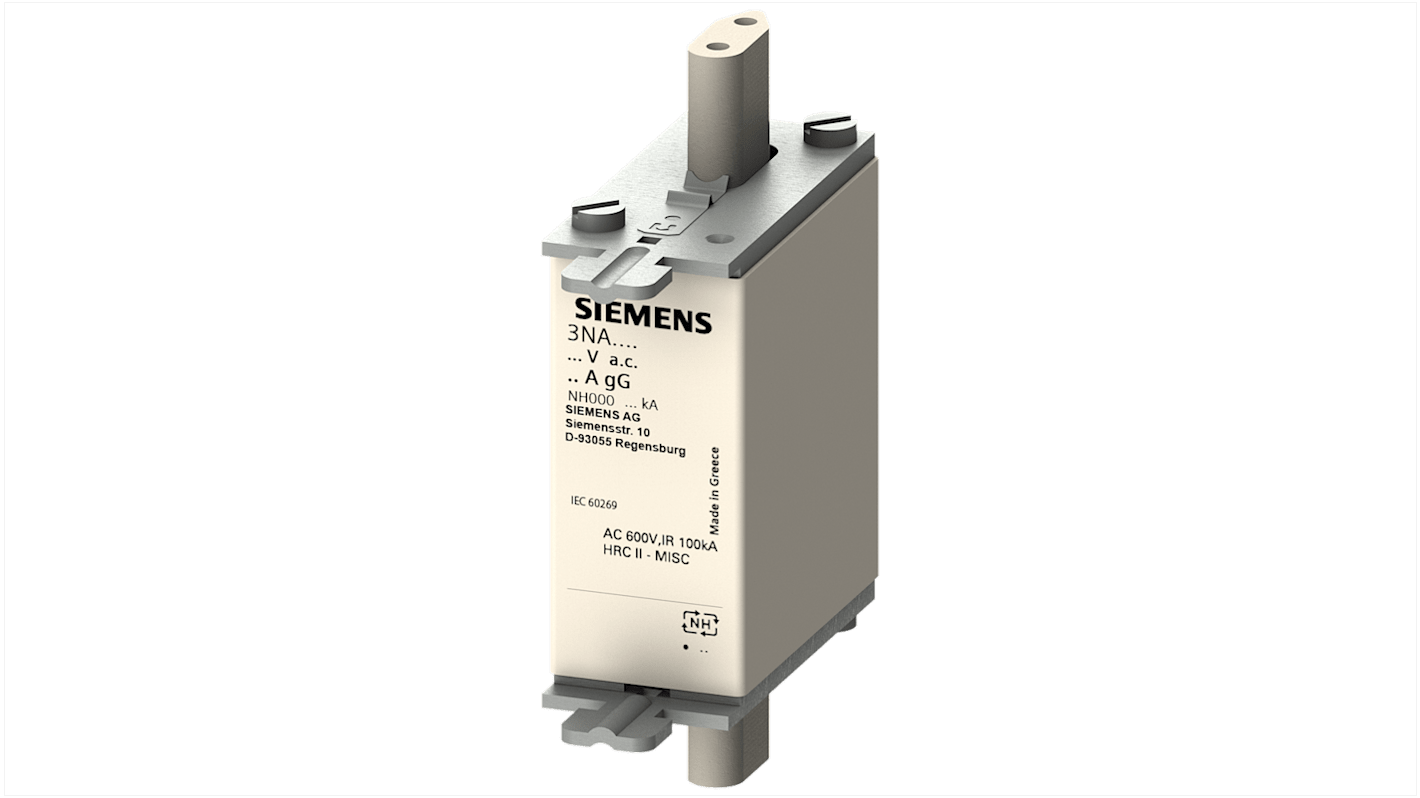 Fusibile NH000 Siemens 3NA3803-6, 10A, 690V, con linguette centrate e indicatore frontale, per applicazioni industriali.