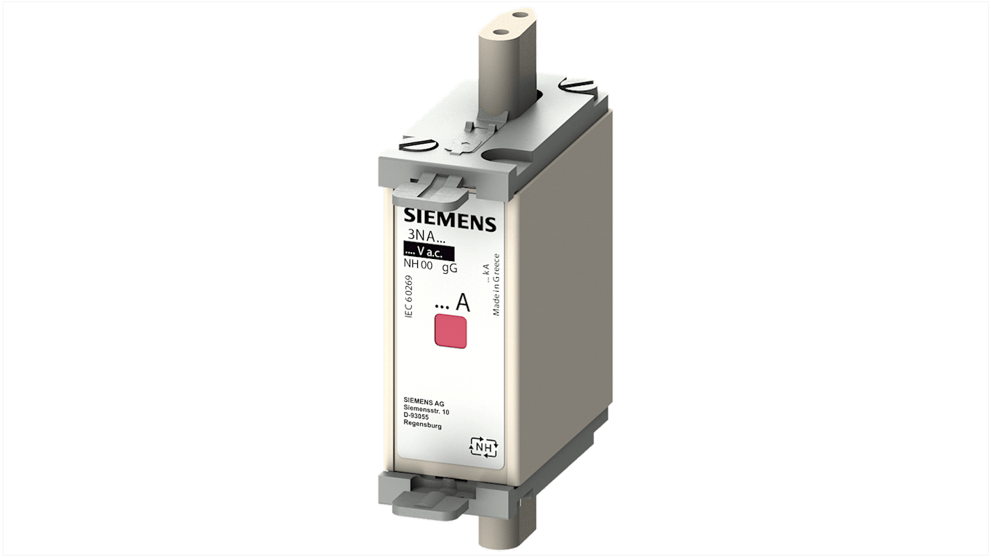 Fusibile NH000 Siemens 3NA6807-6, 20A, 690V, con linguette centrate e indicatore, categoria gG, elevata capacità di interruzione.