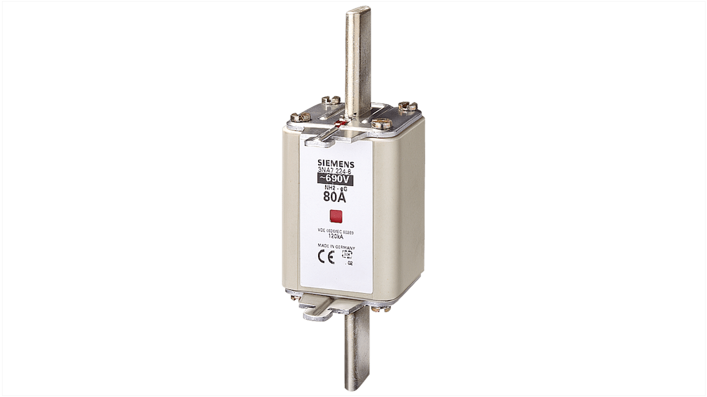 Fusibile NH2 Siemens 3NA7224-6, 80A, 690V, con linguette centrate e indicatori combinati, per protezione elettrica.