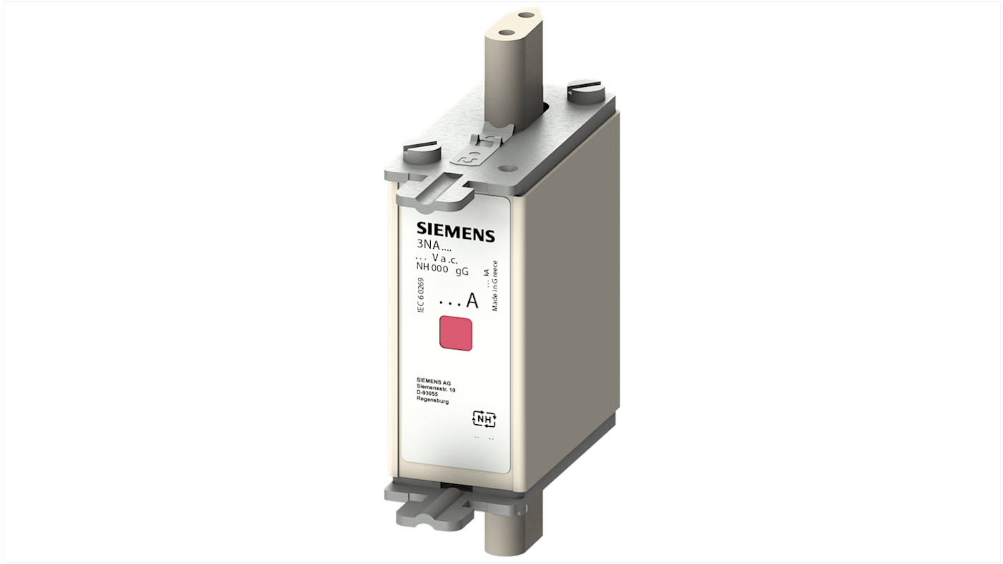 Fusibile NH000 Siemens 3NA7805-6, 16A, 690V, con linguette centrate e indicatori combinati per una gestione sicura della corrente.