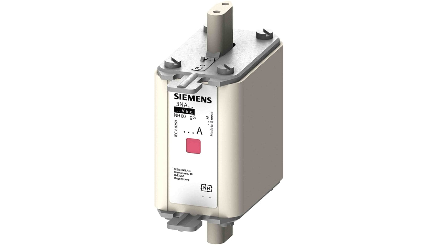 Fusibile NH00 Siemens 3NA7817-6, 40A, 690V, con linguette centrate e indicatori combinati per uso industriale.