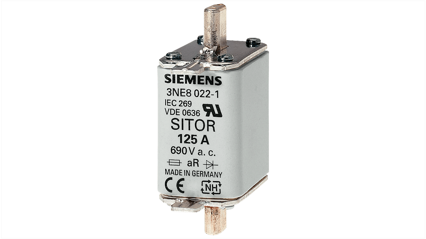 Fusibile NH00 Siemens 3NE1020-2, 80A, 690V, con linguette centrate e indicatore frontale per attivazione sicura.