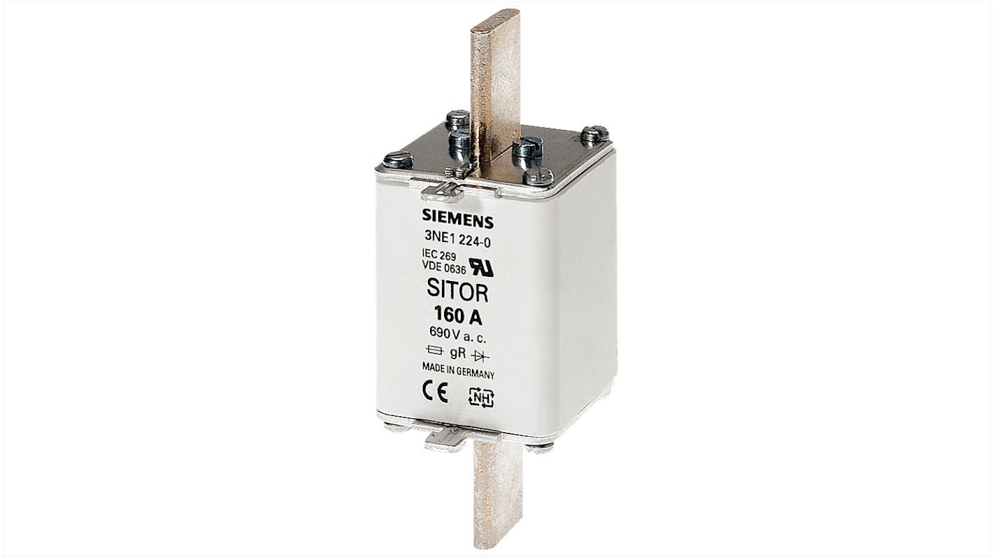 Fusibile NH1 Siemens 3NE1227-2, 250A, 690V, con linguette centrate e indicatore frontale.