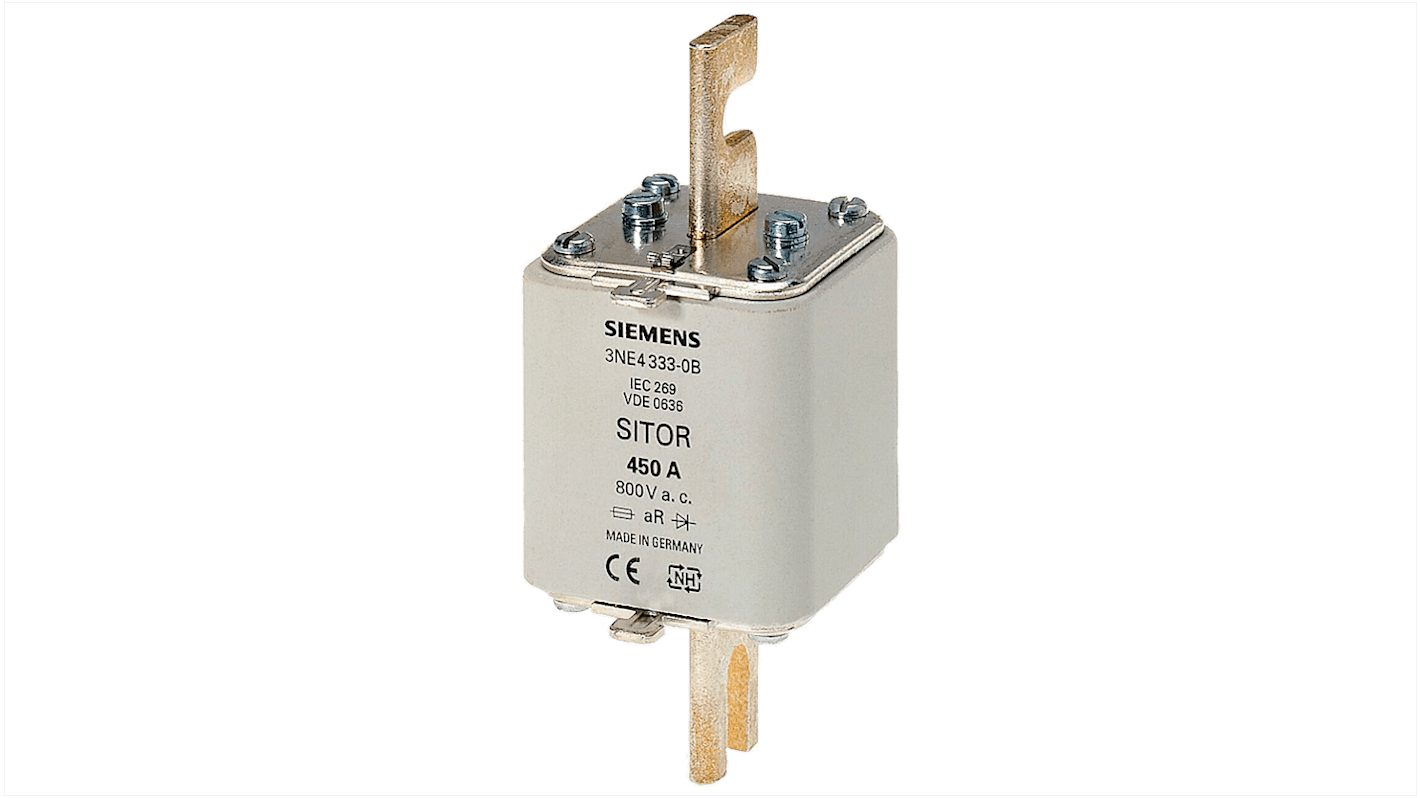 Fusibile NH2 Siemens 3NE4333-0B, 450A, 800V, con indicatore frontale e contatti a lama piatta.
