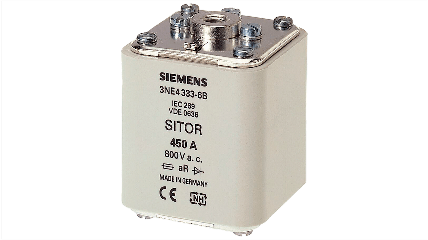Fusibile quadrato Siemens 3NE4333-6B, 450A, 800V, con terminali a filo e indicatore frontale per attivazione sicura.