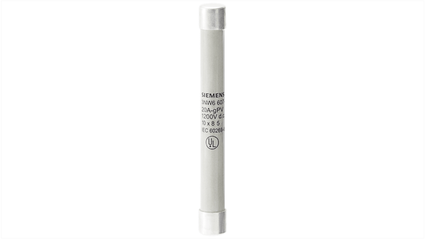 Fusibile a cartuccia Siemens 3NW6601-4, 6A, 1500V, dimensioni 10 x 85 mm, per applicazioni industriali.