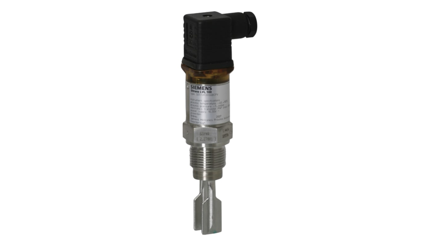 Trasmettitore di livello Siemens 7ML5745-3AA02-1AA0, sensore a vibrazione in acciaio INOX, montaggio verticale, pressione 1-64 bar.