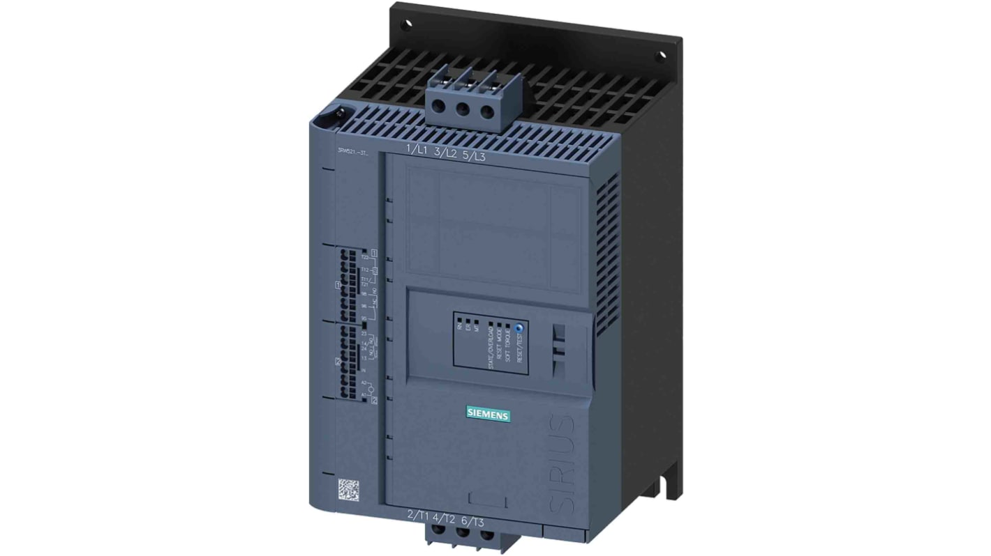 Starter per motore Siemens 3RW5216-3TC14, 3 fasi, 22 kW, 480 V CA, montaggio a vite, coppia morbida e circuito di bypass.