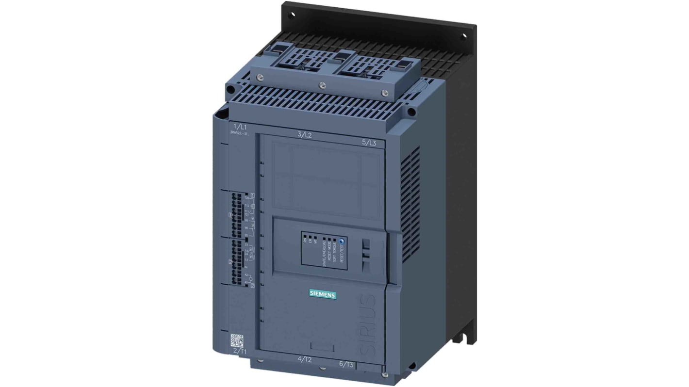 Starter per motore Siemens 3RW5225-3TC04, 3 fasi, 55 kW, 63 A, con circuito di bypass e controllo trifase. Fissaggio a vite.