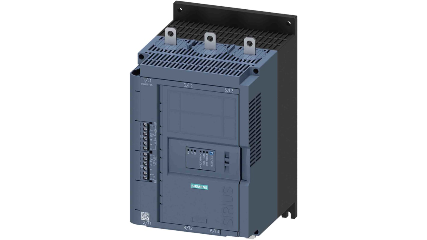 Starter per motore Siemens 3RW5236-6TC15, 3 fasi, 200 kW, 600 V, con controllo trifase e fissaggio a vite.
