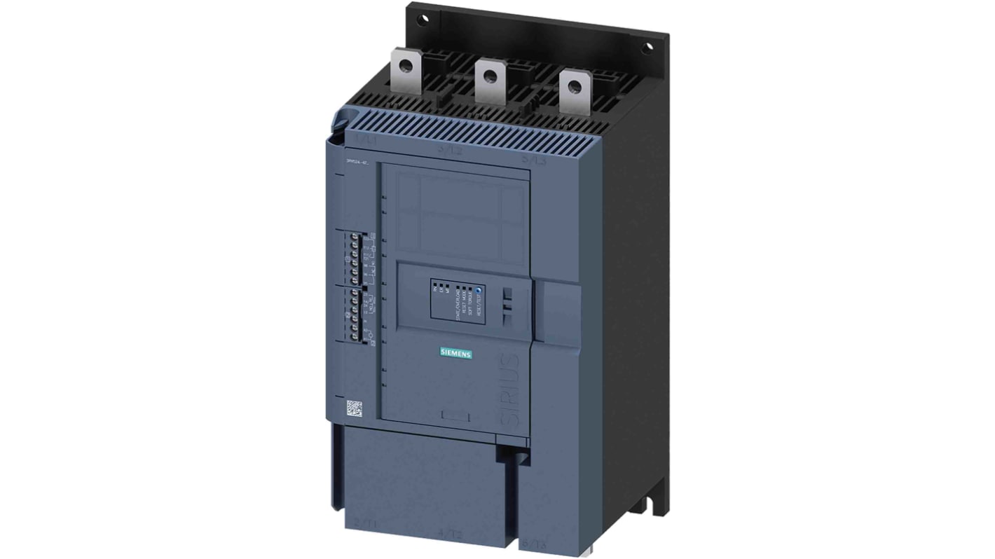 Starter per motore Siemens 3RW5246-6TC05, 3 fasi, 450 kW, 600 V, montaggio a vite, con circuito di bypass e monitoraggio.