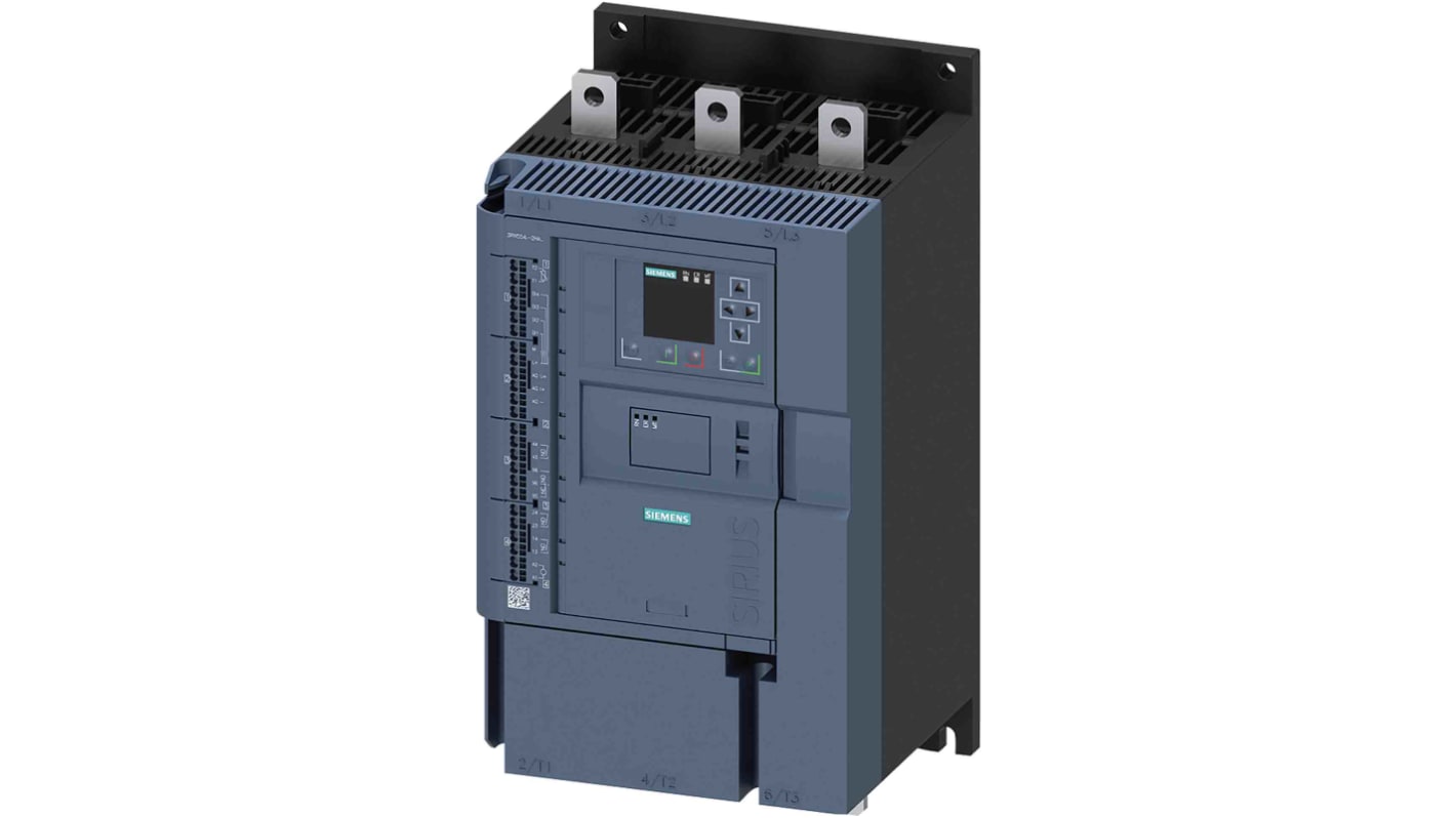 Starter soft Siemens 3RW5545-2HA06 per motori 3 fasi, 315 kW, 690 V, con monitoraggio surriscaldamento e HMI a colori.