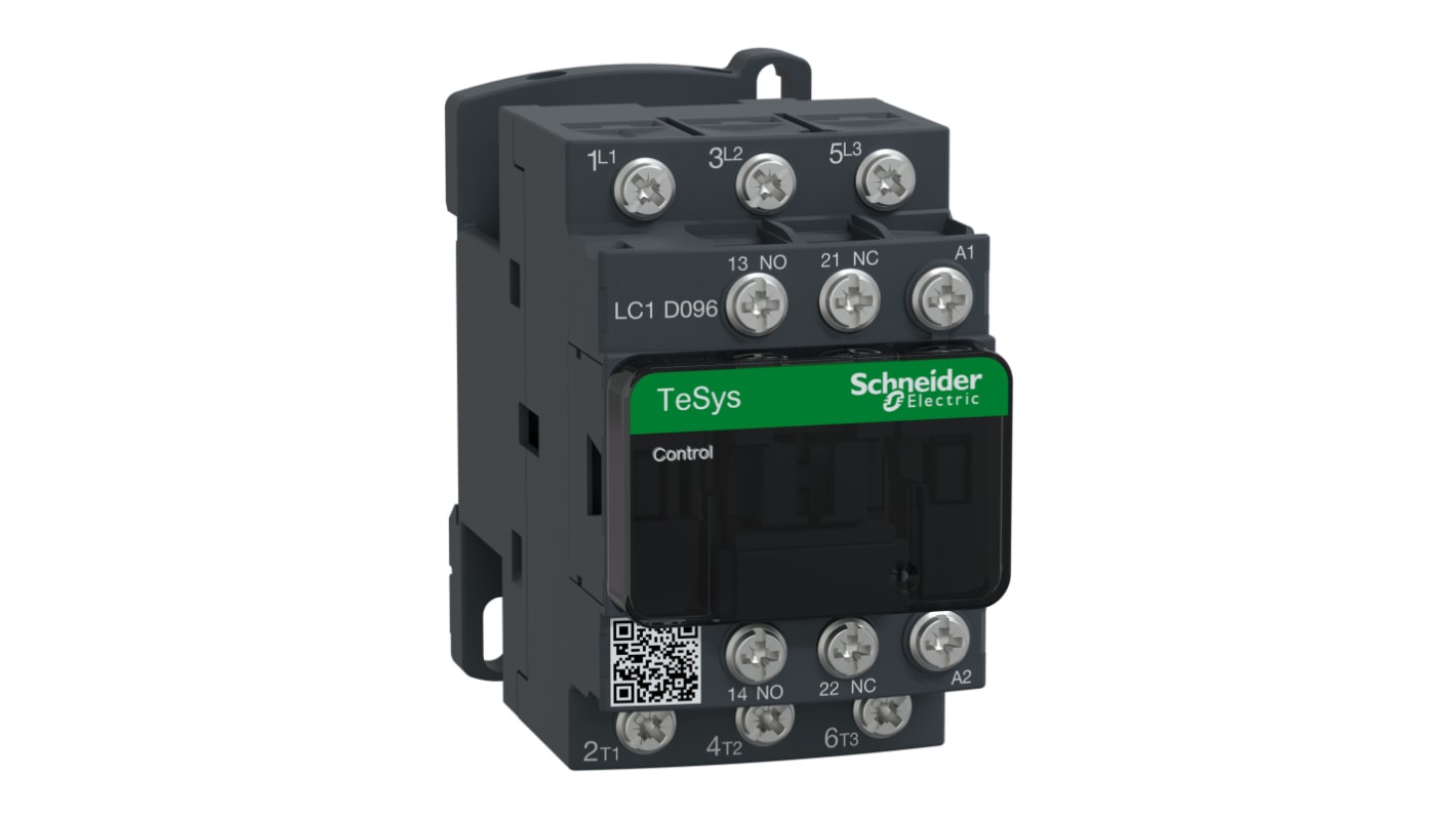 Contattore reversibile Schneider Electric LC1D096B7, 3 poli, 9 A, 24 V c.a., montaggio su guida DIN, dimensioni 45x77x86 mm.