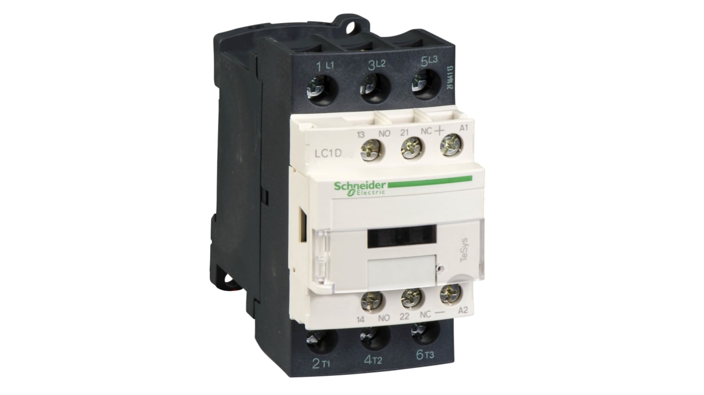 Contattore reversibile Schneider Electric LC1D38JL, 3 poli, 38 A, 12 V c.c., grado di protezione IP20.
