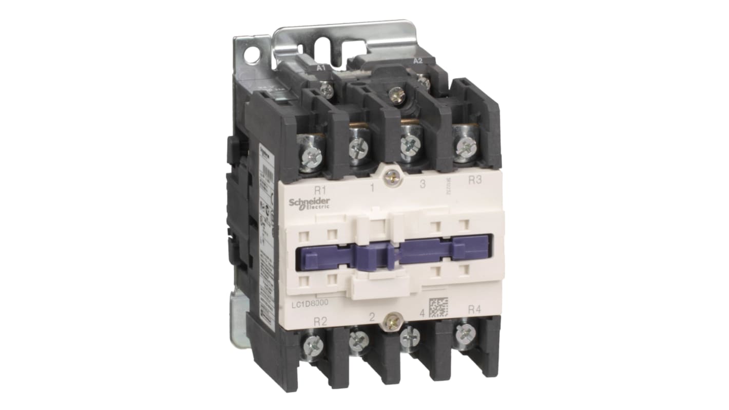 Contattore reversibile Schneider Electric LC1D80008P7, 4 poli, 125 A, 230 V c.a., grado di protezione IP20, montaggio a morsetto.