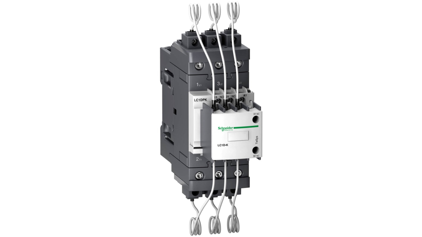 Contattore Schneider Electric LC1DPKP7 per condensatori, 3 poli, 2NC + 1NO, bobina 230 V c.a., grado di protezione IP20.
