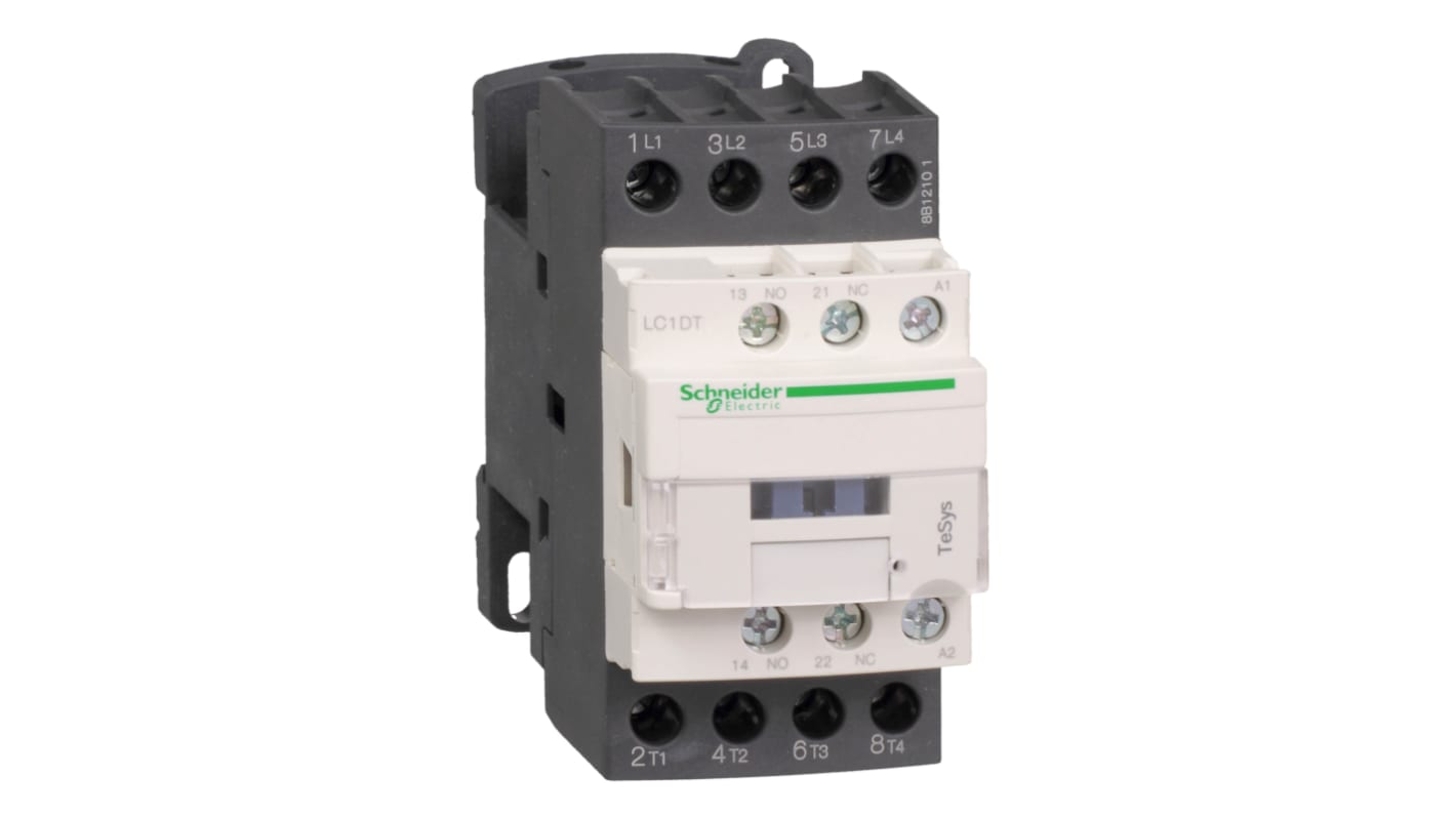 Contattore reversibile Schneider Electric LC1DT40GD, 4 poli, 40 A, 125 V c.c., grado di protezione IP20, montaggio a morsetto.