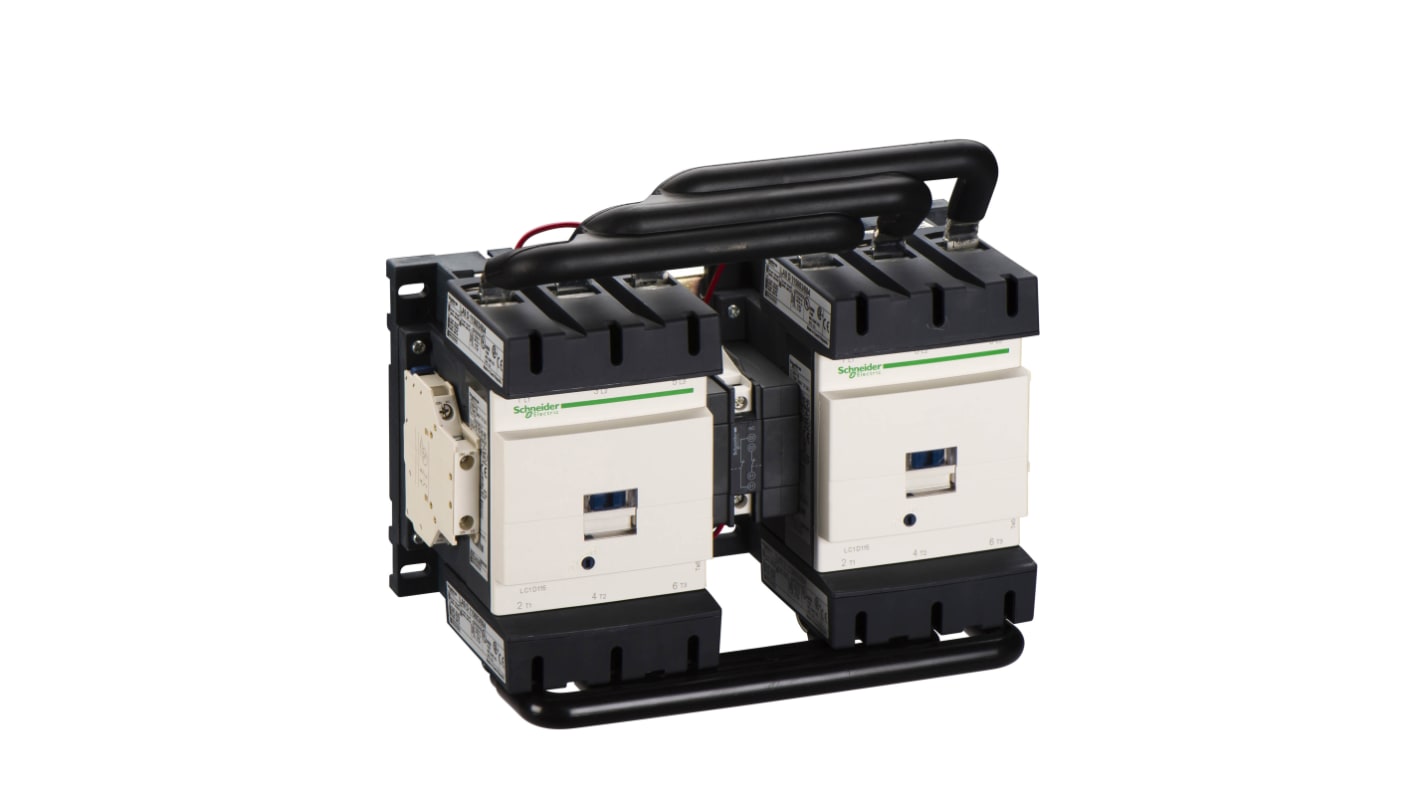 Contattore reversibile Schneider Electric LC2D115F7, 3 poli, 115 A, 110 V c.a., con barra di distribuzione e grado di protezione IP20.