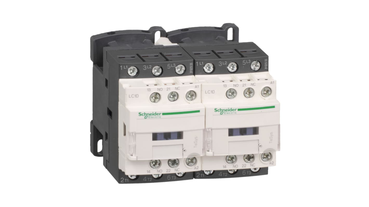 Contattore reversibile Schneider Electric LC2D25D7, 3 poli, 25 A, 42 V c.a., con barra di distribuzione e grado di protezione IP20.