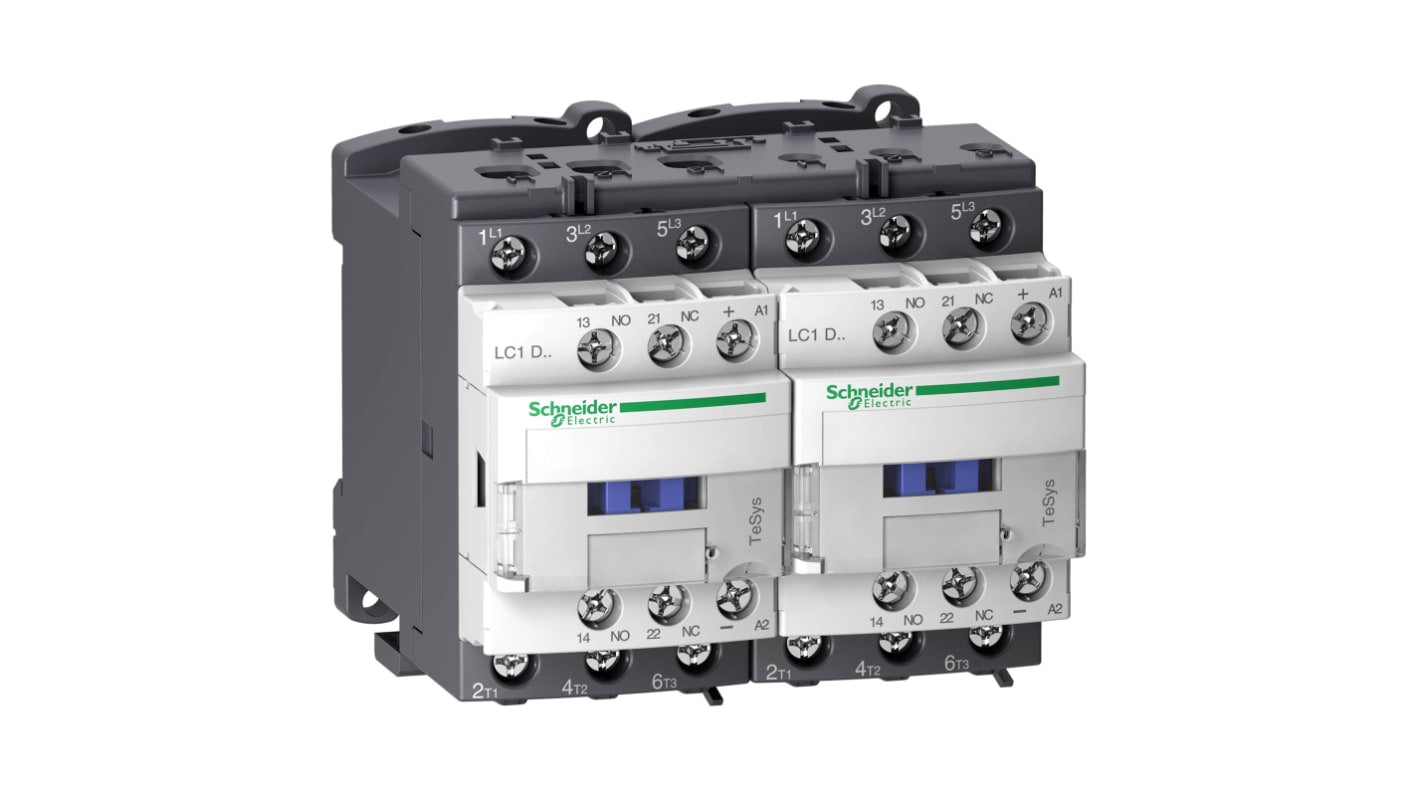 Contattore reversibile Schneider Electric LC2D32BL, 3 poli, 32 A, 24 V c.c., grado di protezione IP20, per applicazioni industriali.