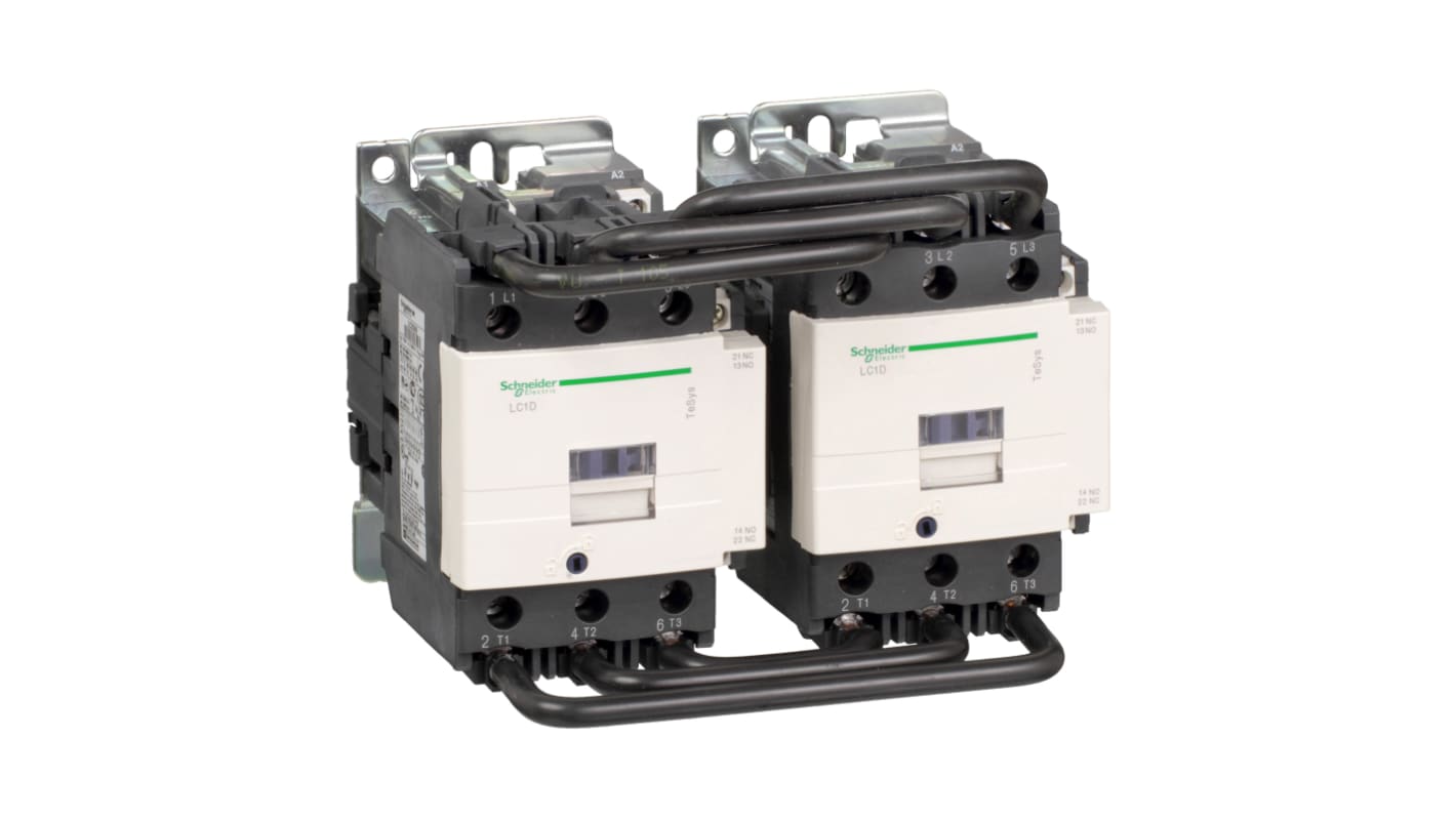 Contattore reversibile Schneider Electric LC2D95E7, 3 poli, 95 A, 48 V c.a., con modulo soppressore e grado di protezione IP20.