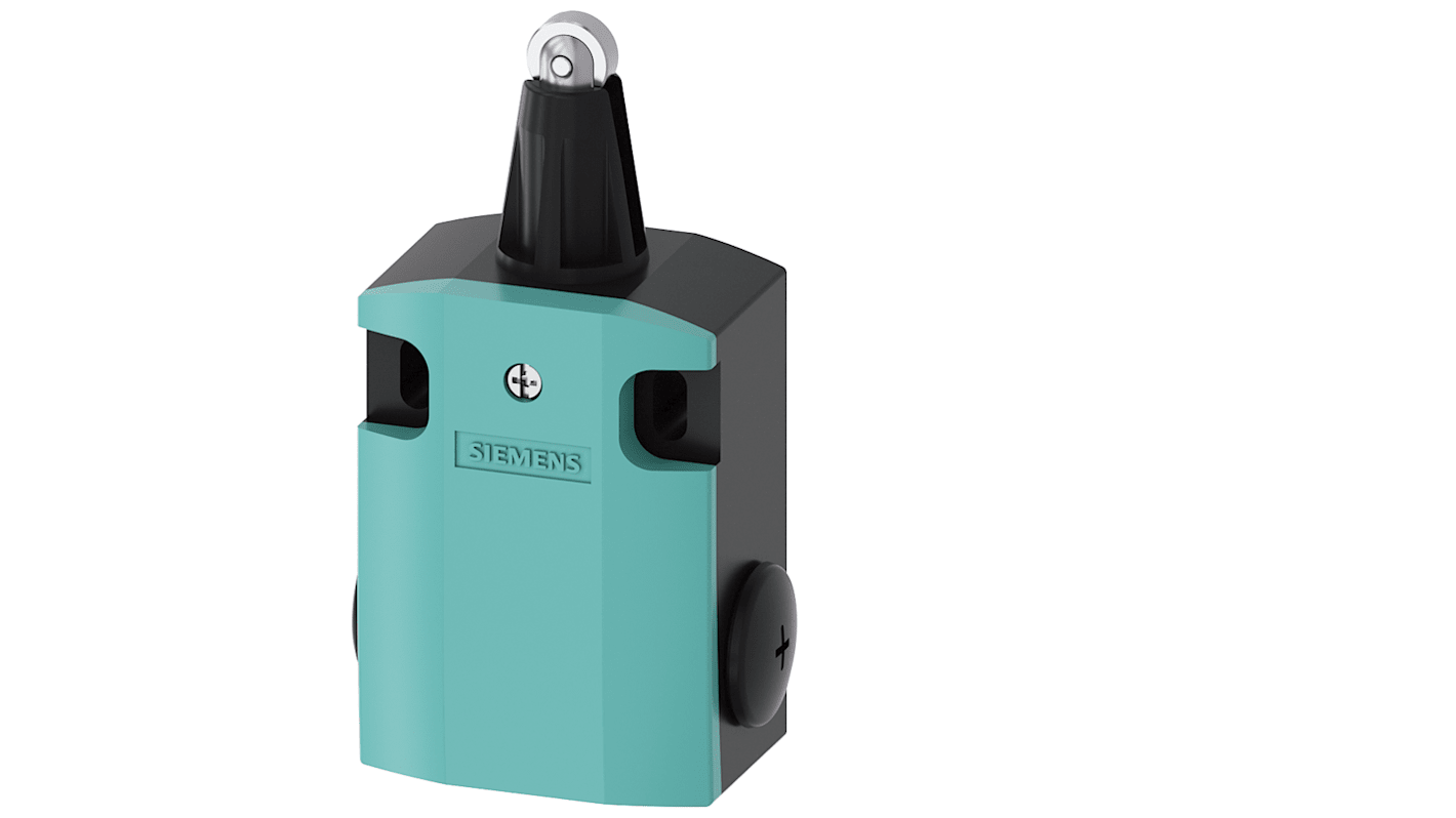Interruttore di fine corsa Siemens 3SE5122-0CD02-1AA7, stantuffo rotondo, 1NC/1NA, protezione IP66/IP67, custodia metallica.