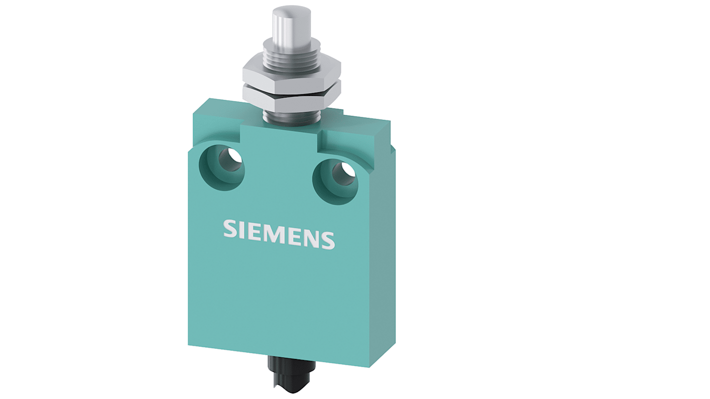 Interruttore di fine corsa Siemens 3SE5423-0CC21-1EA2, stantuffo rotondo, 1NC/1NA, IP67, montaggio centrale, larghezza 40 mm.