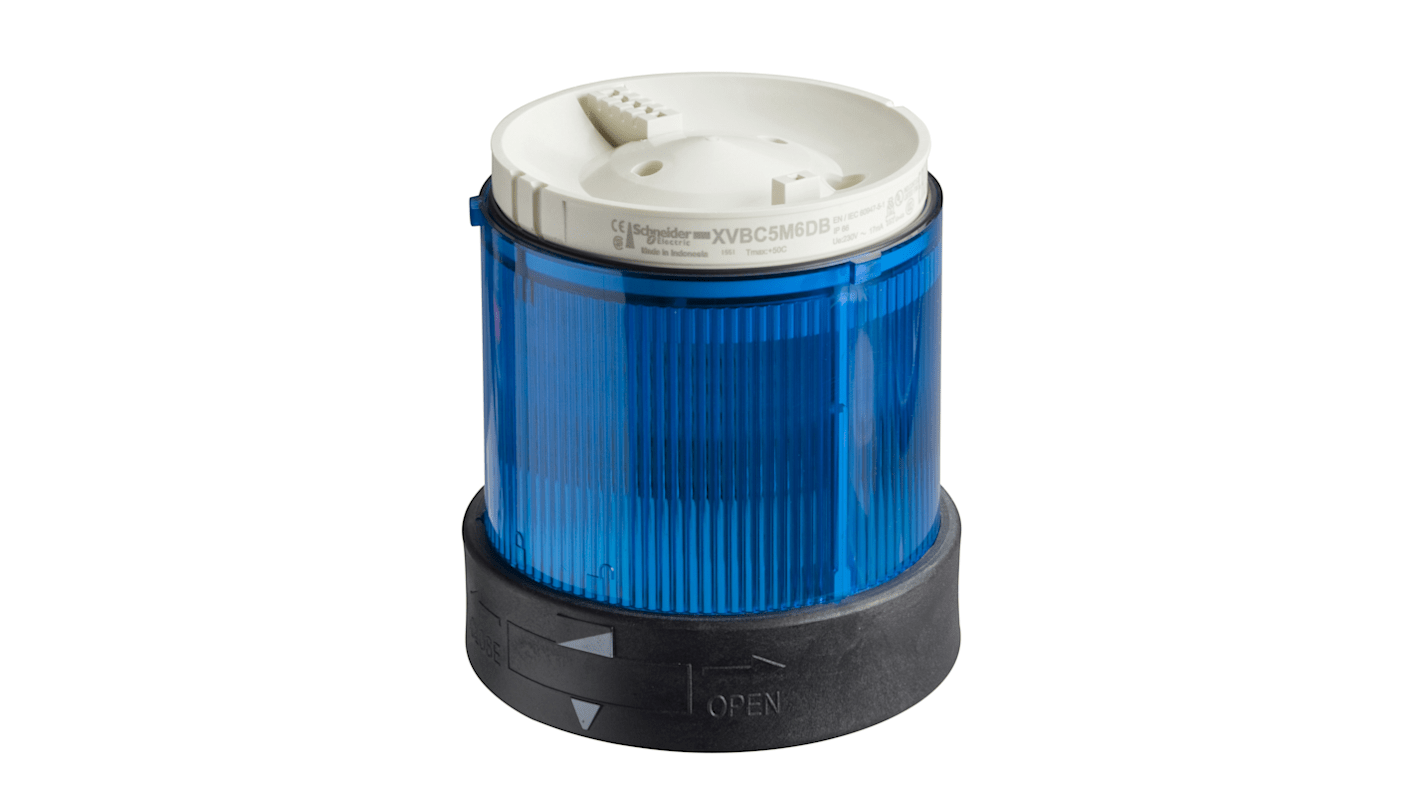 Segnalatore blu Schneider Electric XVBC4M6, LED integrato, 230 V c.a., IP65, temperatura -25 a 50 °C, effetto lampeggiante.