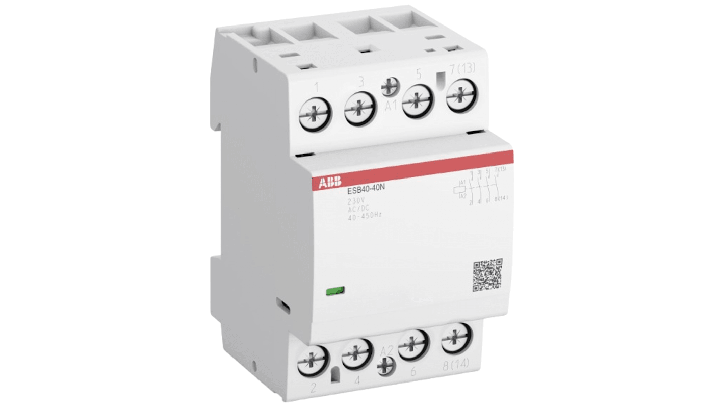Contattore ABB 1SAE341111R0140, 4 poli, 30 A, bobina 24 V, per circuiti 220 V c.c. e 400 V c.a. Funzionamento silenzioso.