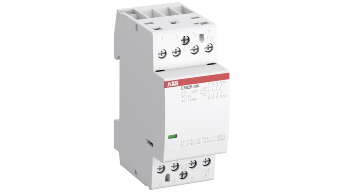 Contattore ABB 1SAE231111R0213, 4 poli, 25 A, 17,3 kW, 42 V bobina, progettato per carichi monofase e trifase.