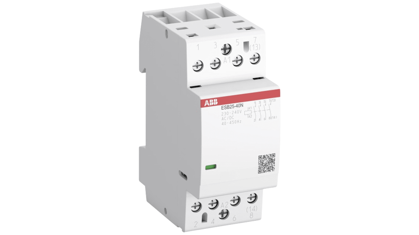 Contattore ABB 1SAE231111R0340, 4 poli, 25 A, bobina 48 V, per circuiti 220 V c.c. e 400 V c.a., funzionamento silenzioso.