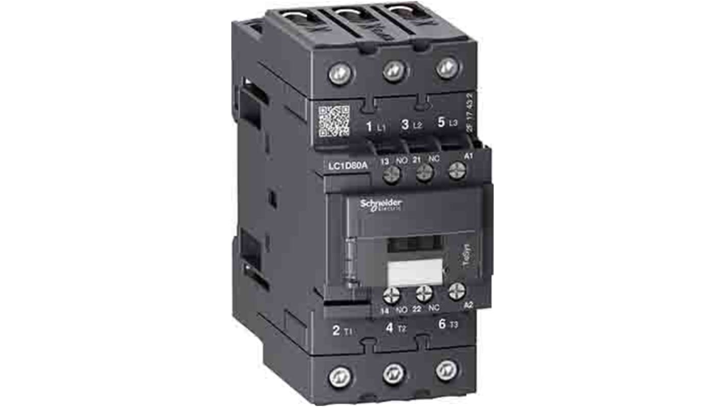 Contattore Schneider Electric LC1D80AFE7, 3 poli, 1NO + 1NC, 80 A, 115 V ac, serie TeSys D, installazione semplice.