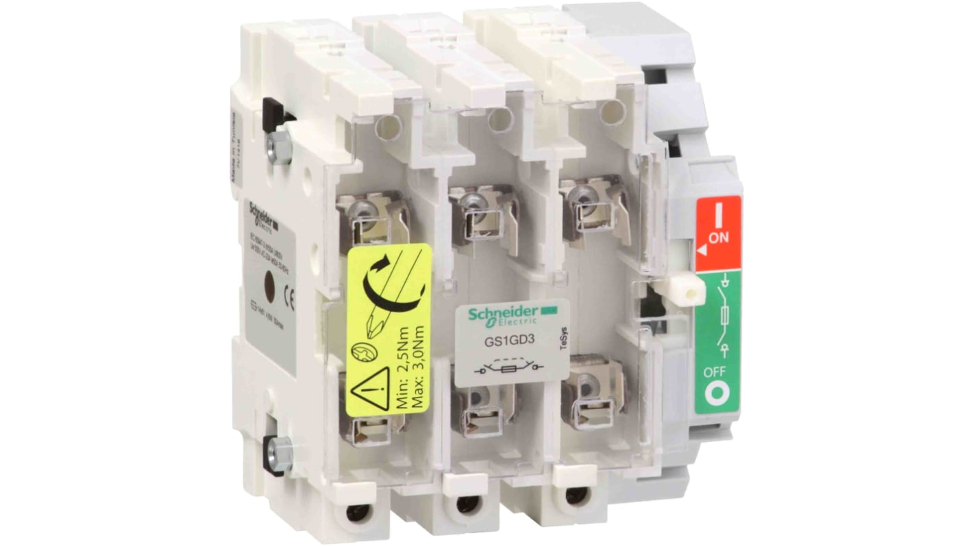 Sezionatore portafusibili Schneider Electric GS1GD3, 3 poli, corrente 63A, montaggio su guida DIN, temperatura -20/+70°C.
