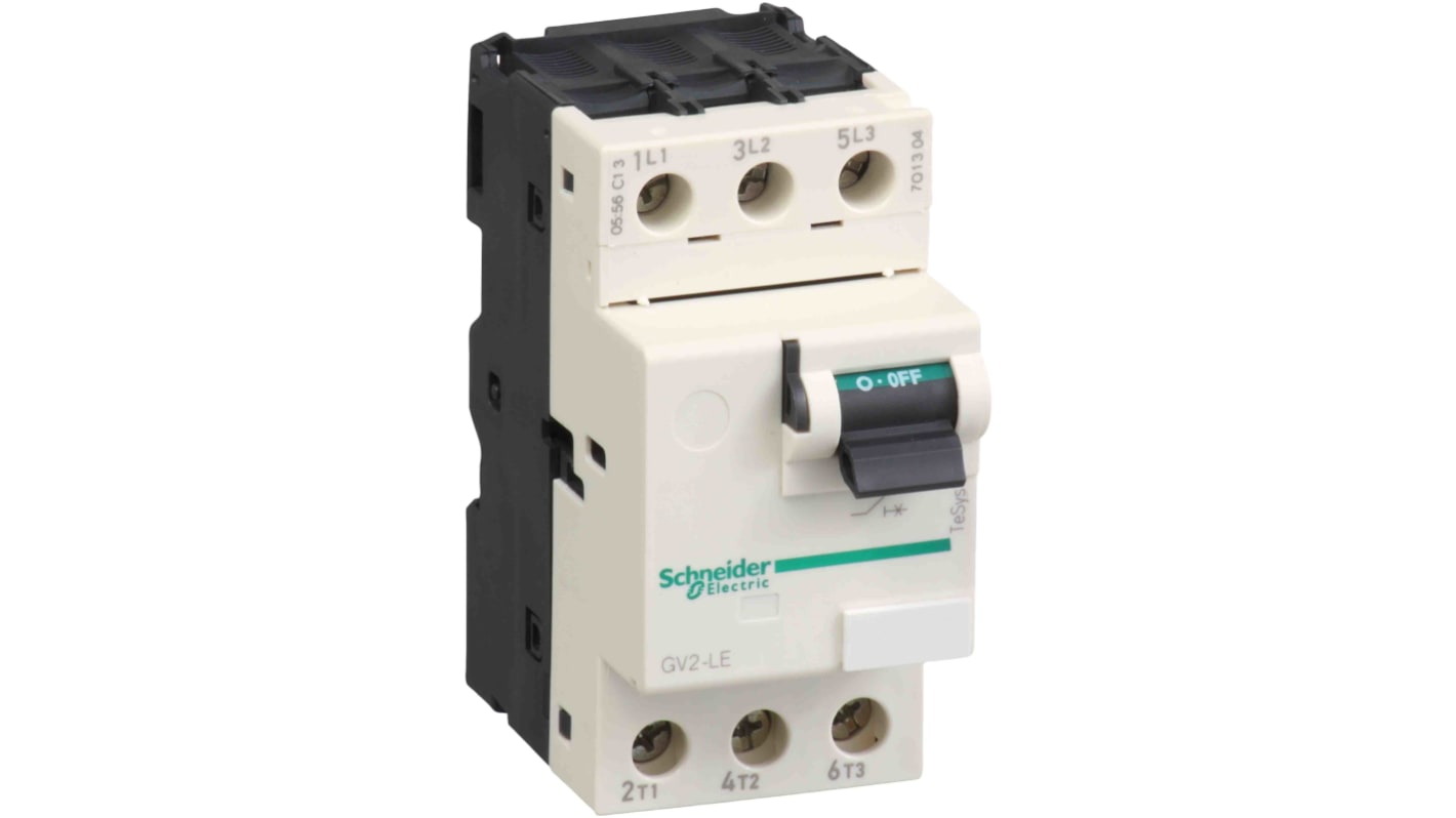 Interruttore motore Schneider Electric GV2LE04, compatto e robusto, con protezione magnetotermica per sovraccarico e cortocircuito.