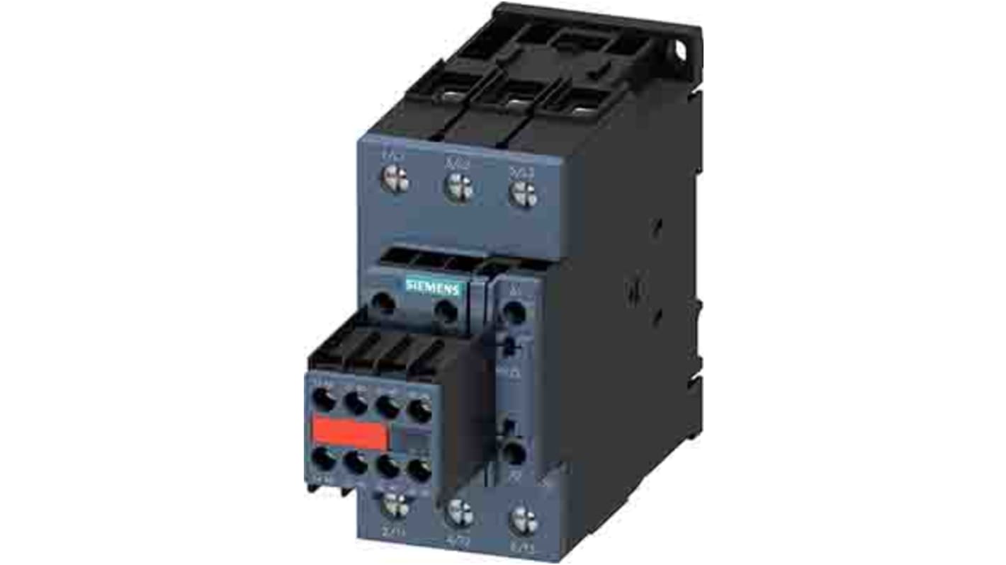 Contattore reversibile Siemens 3RT2035-1KB44-3MA0, 3 poli, 40 A, 18.5 kW, montaggio a vite, tensione 24 V dc, -25 a +60 °C.