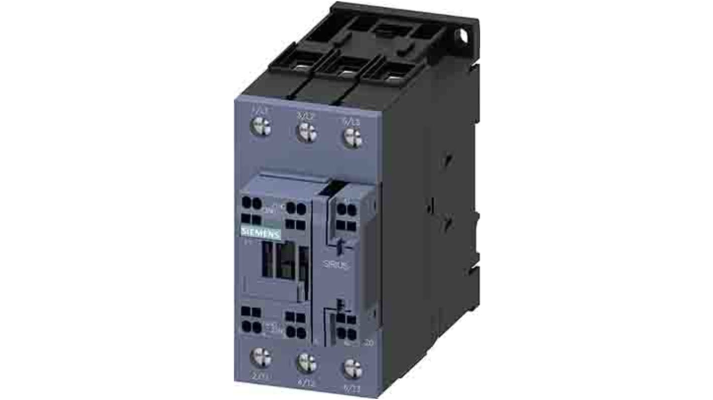 Contattore reversibile Siemens 3RT2037-3NP30, 3 poli, 65 A, tensione 175-280 V, montaggio a vite, design compatto.