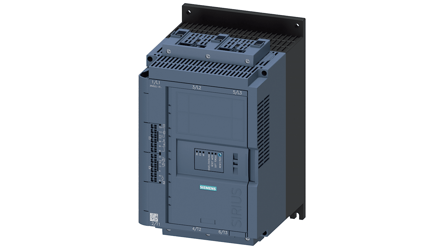 Starter DOL Siemens 3RW5225-3TC14 per motori, 7,5 kW, 63 A, 480 V CA, design modulare, grado di protezione IP20.