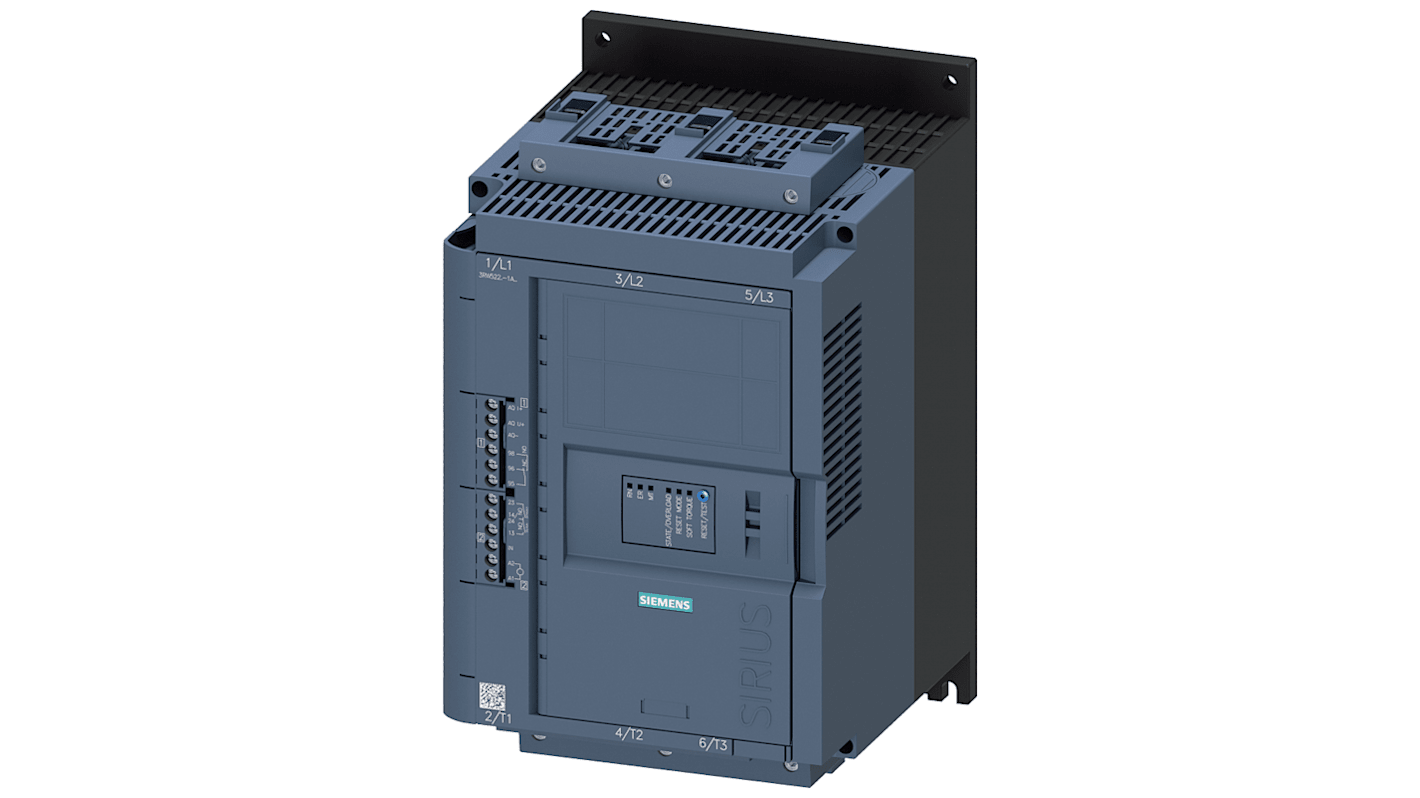 Starter DOL Siemens 3RW5226-1AC05 per motori 3 fasi, 7,5 kW, 480 V, corrente 77 A, design modulare, IP20.