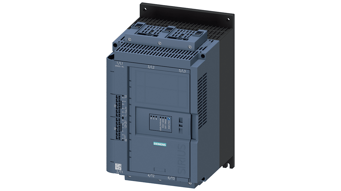 Starter DOL Siemens 3RW5227-3AC14 per motori 3 fasi, potenza 7,5 kW, corrente 93 A, grado di protezione IP20.