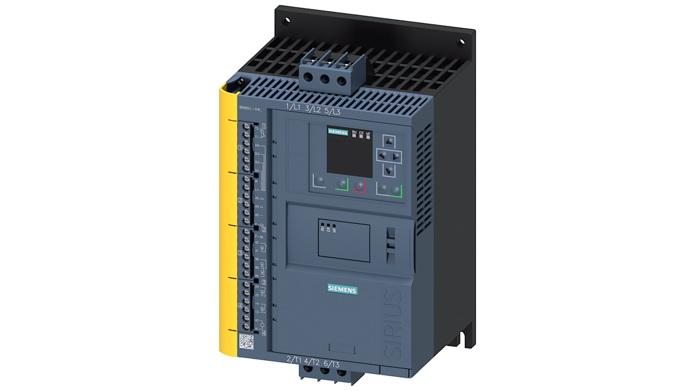 Starter DOL Siemens 3RW5516-1HF14 per motori 3 fasi, 7,5 kW, 32 A, IP20, design modulare e diagnostica espandibile.