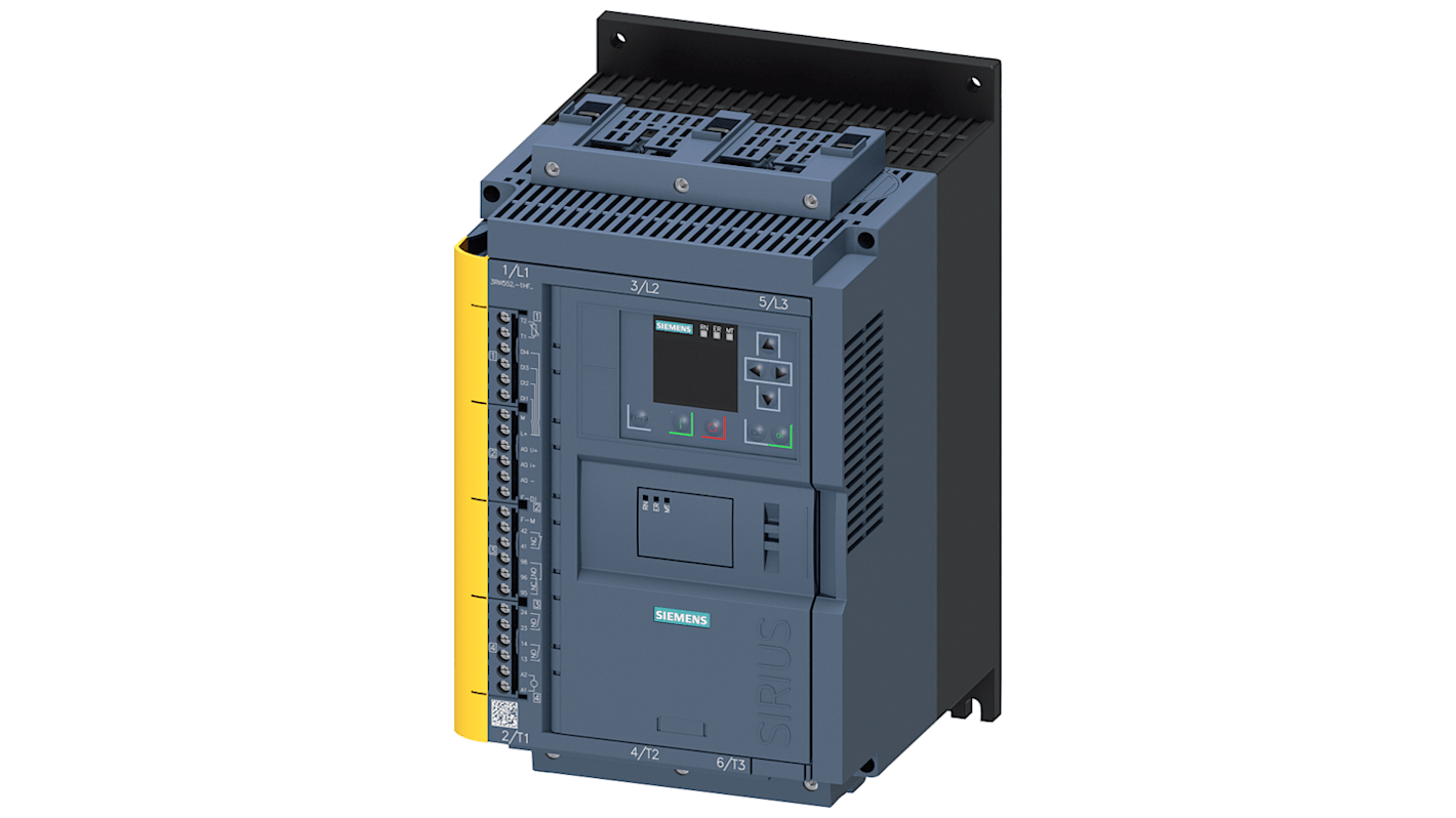 Starter DOL Siemens 3RW5525-1HF04 per motori 3 fasi, 7,5 kW, 63 A, IP20, design modulare e diagnostica espandibile.