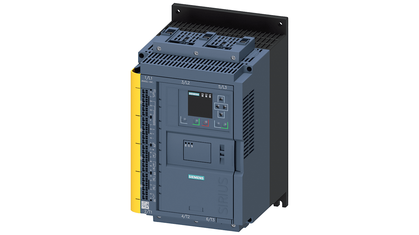Starter DOL Siemens 3RW5525-3HF04 per motori 3 fasi, 7,5 kW, 63 A, IP20, design modulare e diagnostica espandibile.