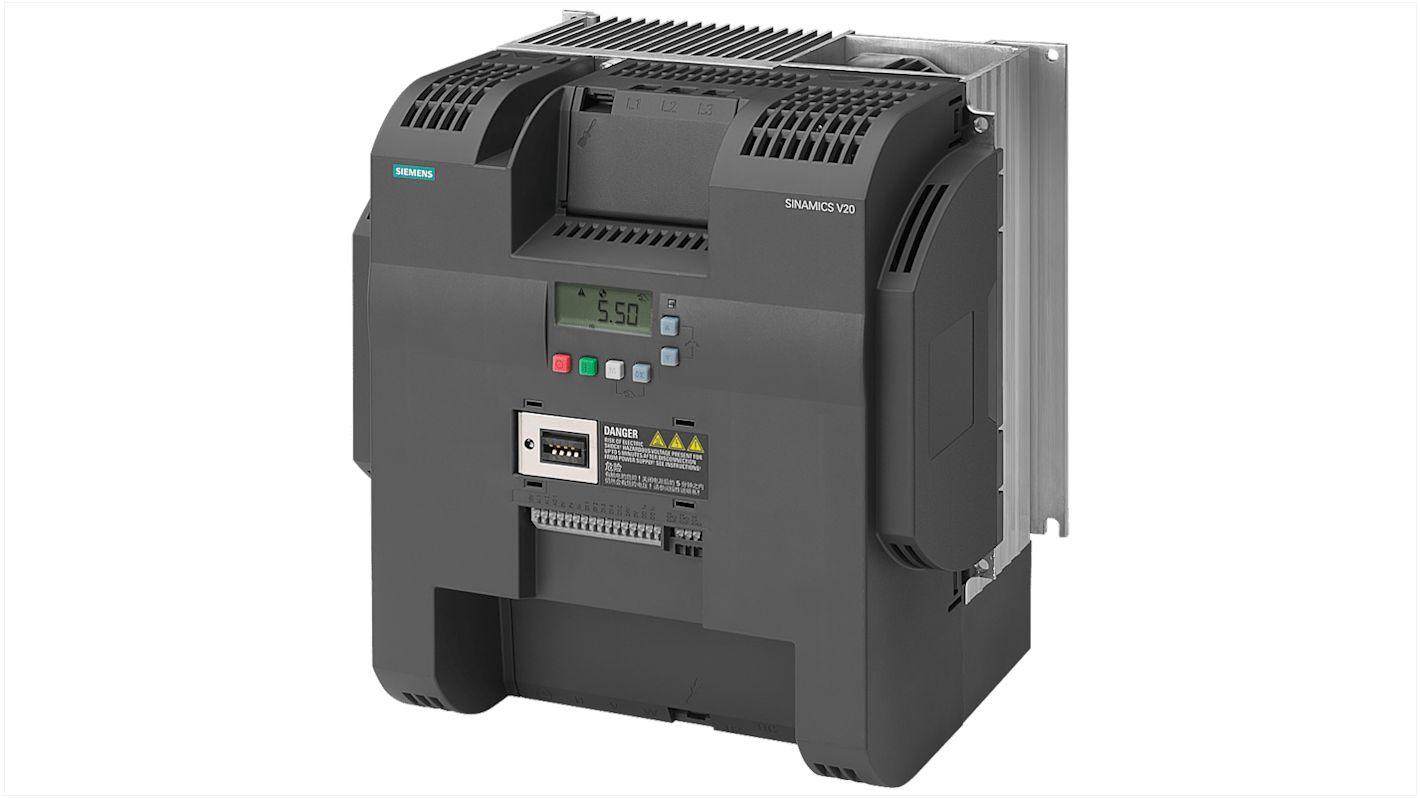 Convertitore Siemens 6SL3210-5BE31-8CV0 SINAMICS V20 18,5 kW, 380-480 V c.a., 3 fasi, 0-550Hz - Potenza nominale 22 kW, raffreddamento ventola IP20.