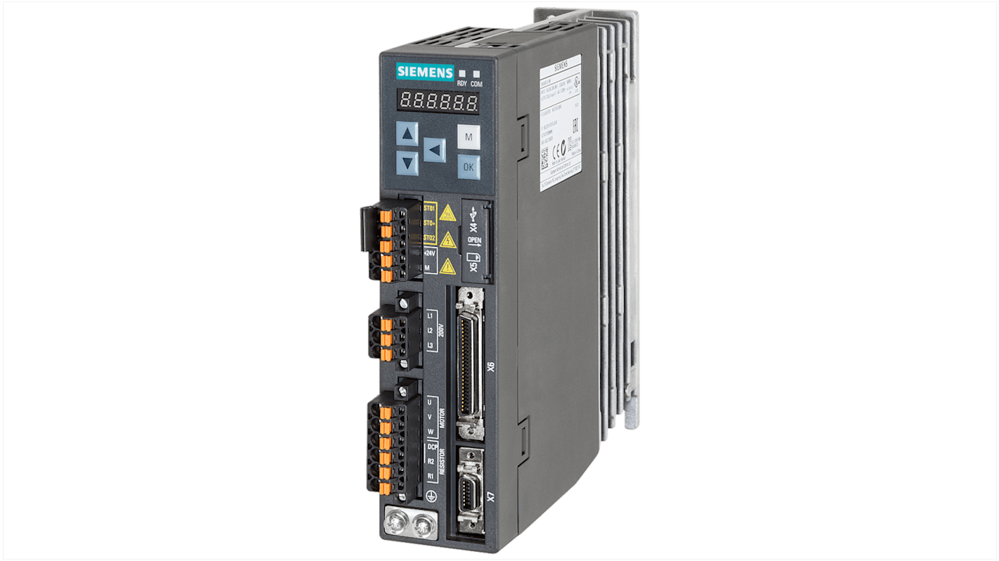 Servocomando Siemens 6SL3210-5FB10-2UF2, servoazionamento SINAMICS V90, potenza 0,2 kW, tensione 200-240 V, IP20.