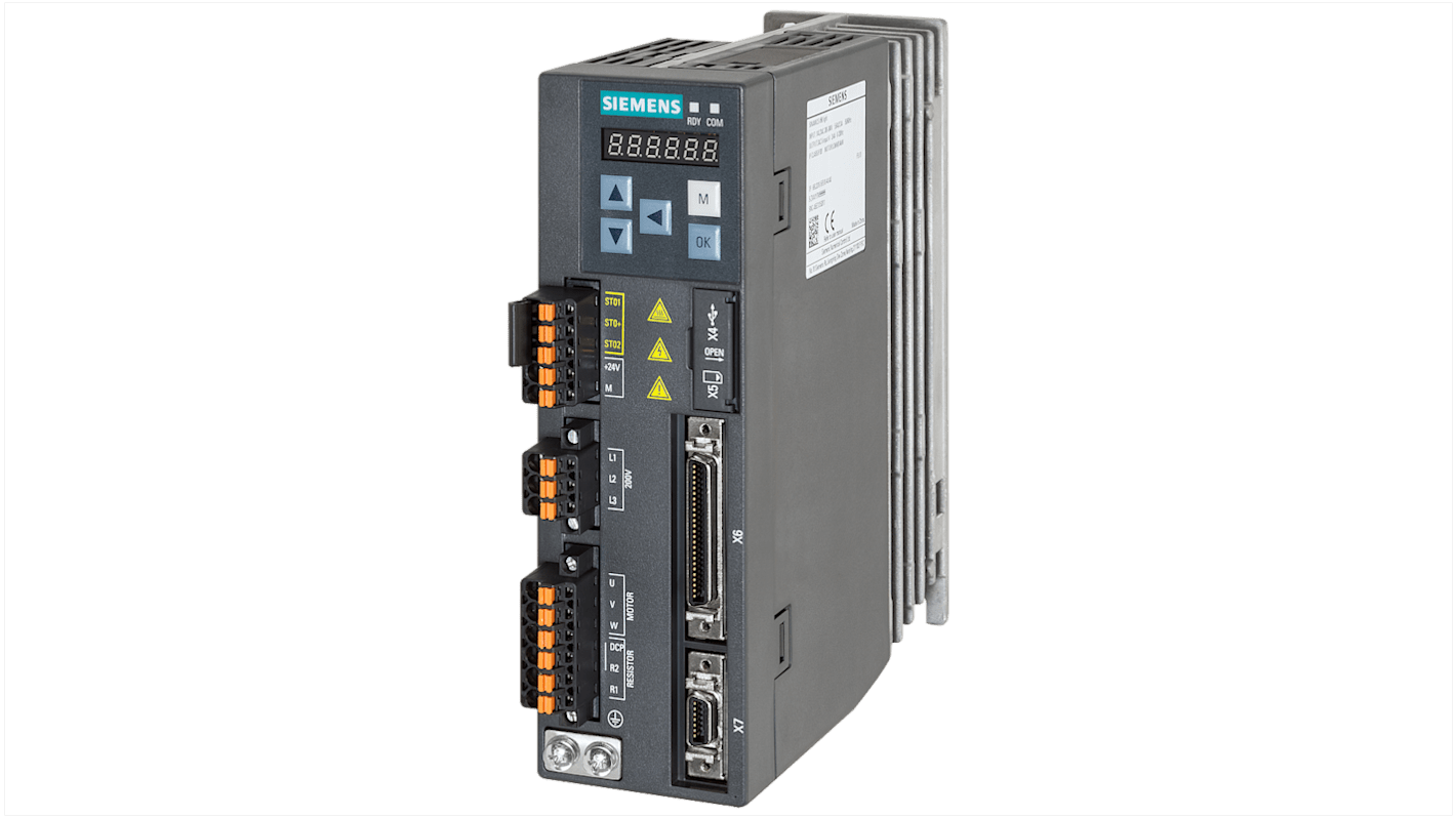 Servocomando Siemens 6SL3210-5FB10-4UA1, 1 fase, 0,4 kW, 240 V, grado di protezione IP20, raffreddamento a convezione naturale.