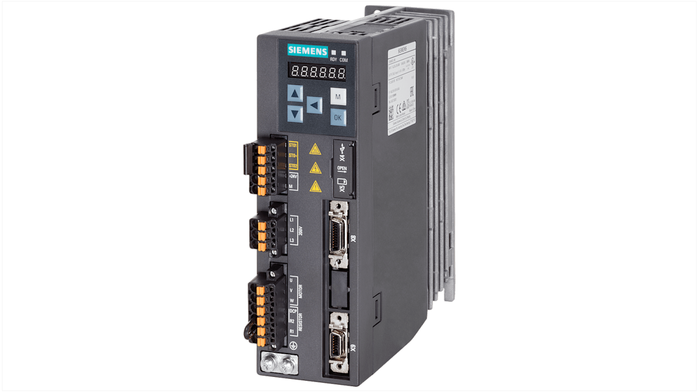 Servocomando Siemens 6SL3210-5FB10-4UF1, monofase, 0,4 kW, 200-240 V, dimensioni 55 x 170 x 170 mm, grado di protezione IP20.