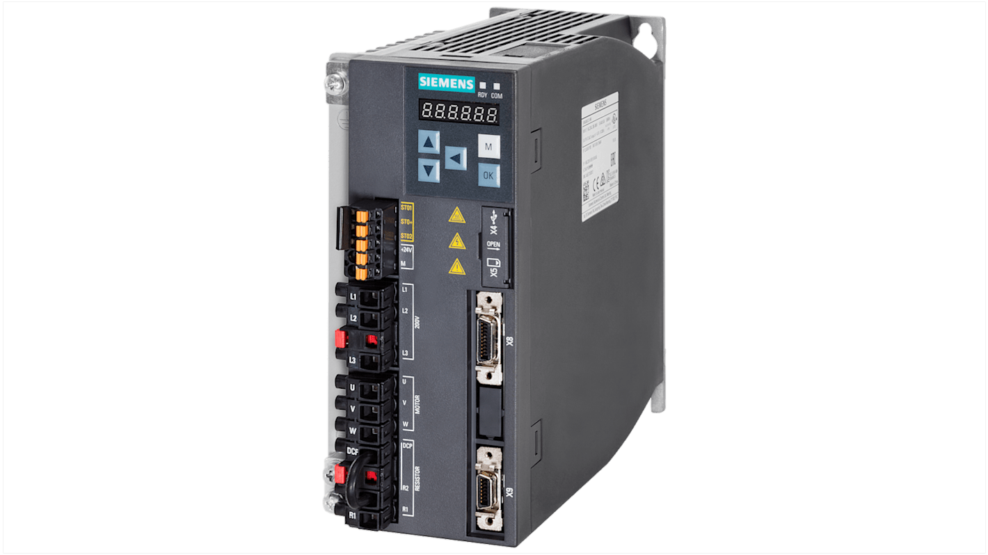 Servocomando Siemens 6SL3210-5FB10-8UF0, servoazionamento SINAMICS V90, potenza 0,75 kW, IP20, tensione 200-240 V.
